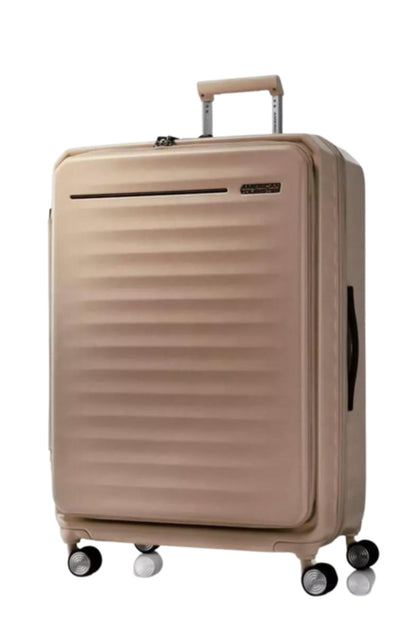Front view of the American Tourister Frontec Spinner large in Gold, showcasing its unique vertical front-access door and clean, contemporary lines. Available for Online Purchase