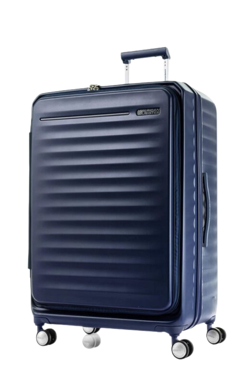 Front view of the American Tourister Frontec Spinner large in Navy, showcasing its unique vertical front-access door and clean, contemporary lines. Available for Online Purchase