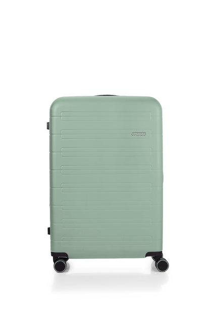 Front view of the American Tourister Novastream hard suitcase Luggage in Nomad Green, with ribbed design, TSA lock, and spinner wheels. Order Online Today