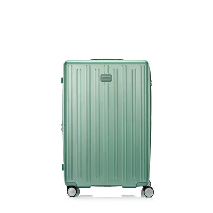 Front view of the American Tourister Reggio hard luggage in Green, highlighting its modern textured shell and smooth double spinner wheels. Available Now Online