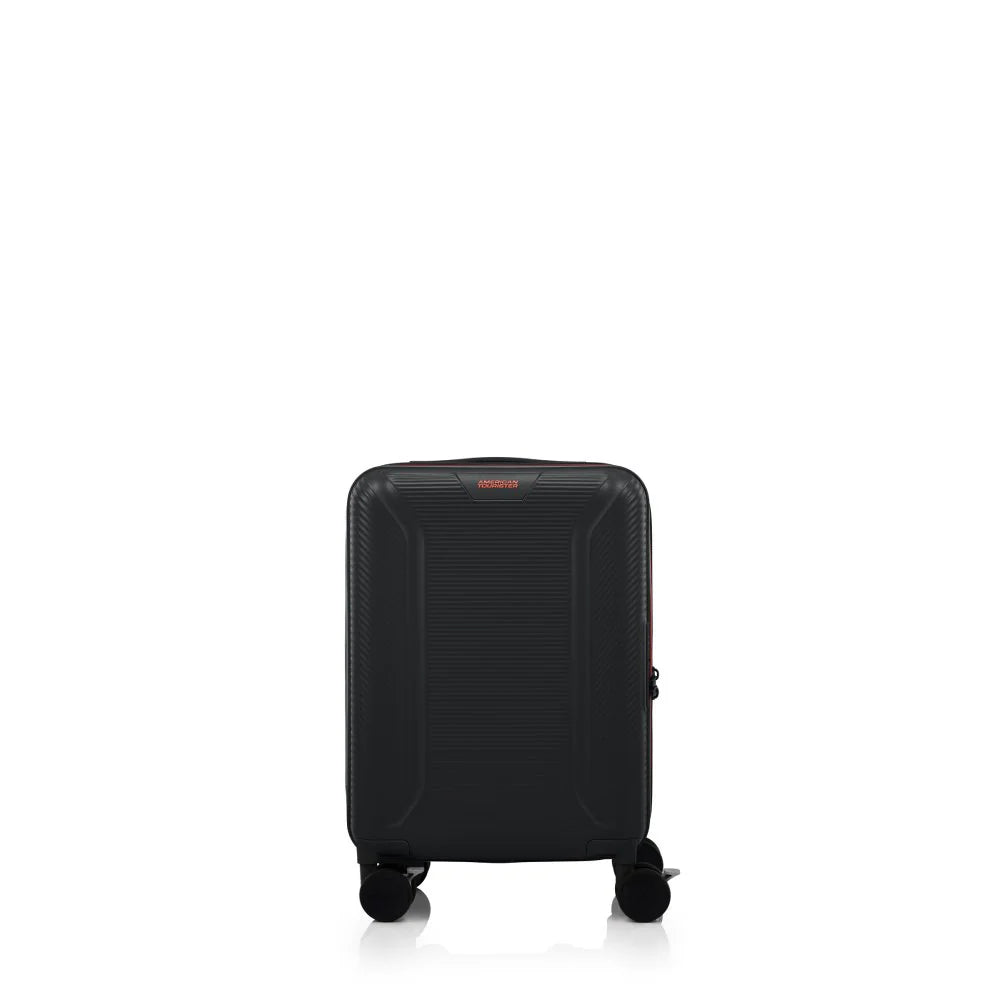 Front view of the American Tourister Robotech spinner hard luggage in Black, showing the sleek textured hardshell and robust double wheels. Shop Online