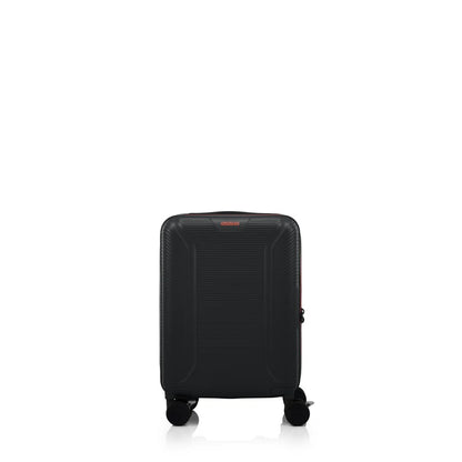 Front view of the American Tourister Robotech spinner hard luggage in Black, showing the sleek textured hardshell and robust double wheels. Shop Online