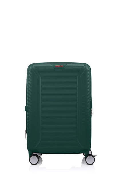Front view of the American Tourister Robotech spinner hard luggage in Dark Green, showing the sleek textured hardshell and robust double wheels. Shop Online
