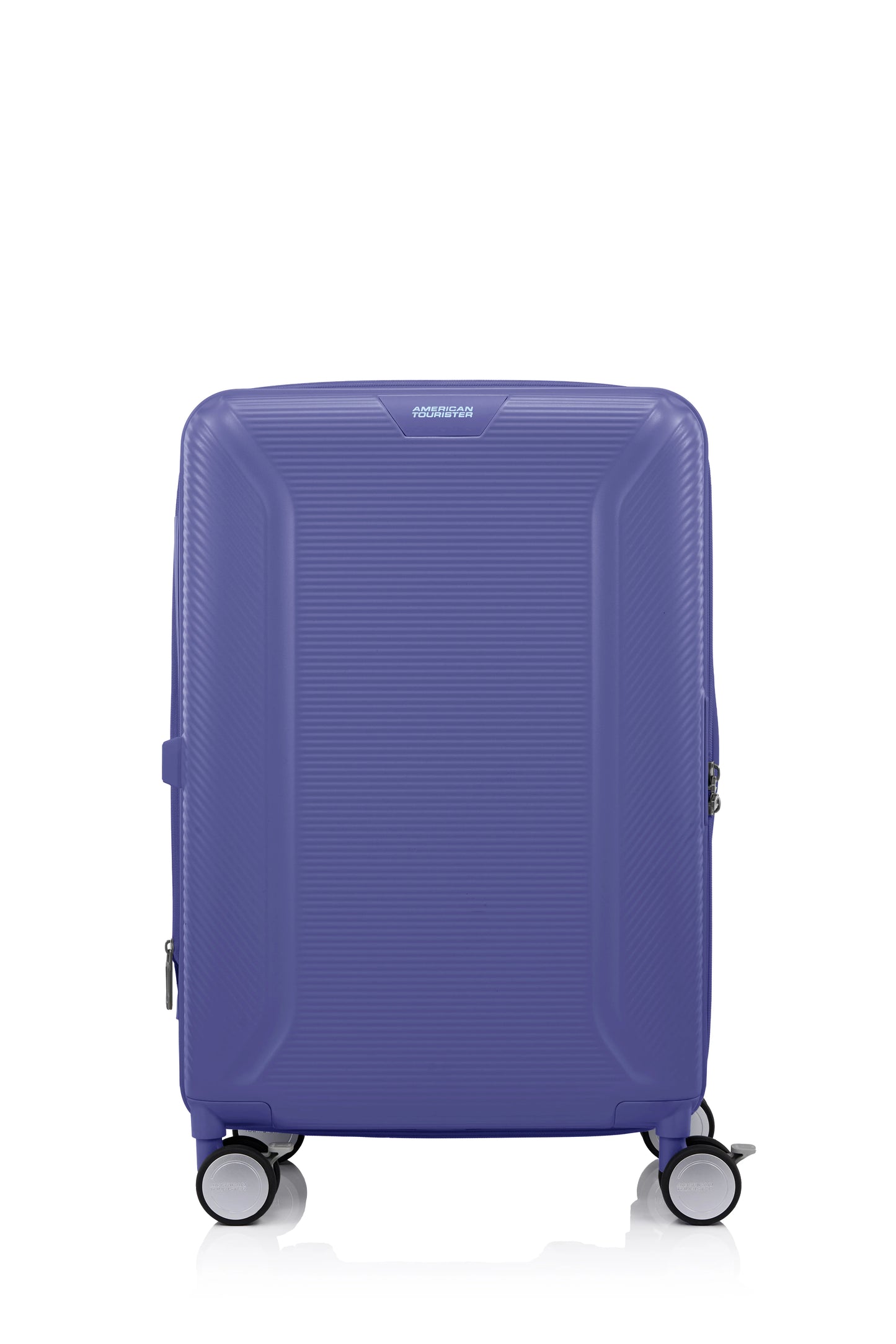 Front view of the American Tourister Robotech spinner hard luggage in Future Dusk, showing the sleek textured hardshell and robust double wheels. Shop Online
