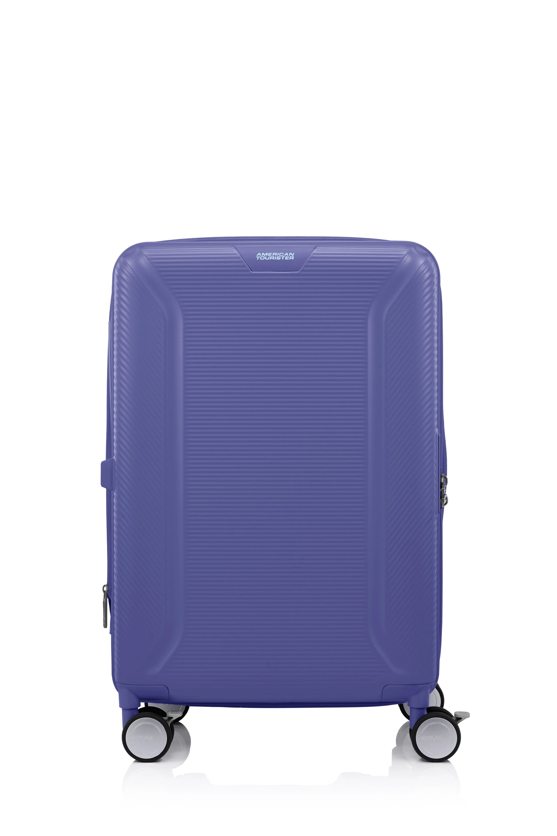 Front view of the American Tourister Robotech spinner hard luggage in Future Dusk, showing the sleek textured hardshell and robust double wheels. Shop Online