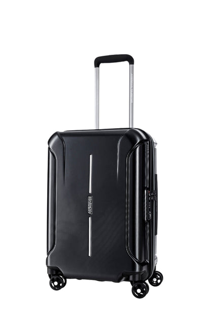 Front view of the American Tourister Technum Spinner cabin in Diamond Black, highlighting its modern industrial texture and bold, boxy hardshell design. Shop the Latest Online
