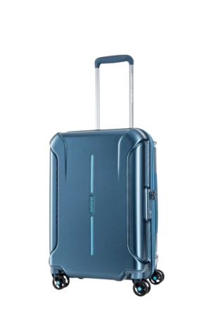 Front view of the American Tourister Technum Spinner cabin in Metallic Blue, highlighting its modern industrial texture and bold, boxy hardshell design. Shop the Latest Online