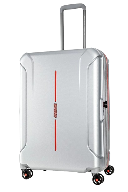 Front view of the American Tourister Technum Spinner large in Aluminum, highlighting its modern industrial texture and bold, boxy hardshell design. Shop the Latest Online