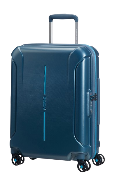 Front view of the American Tourister Technum Spinner large in Metallic Blue, highlighting its modern industrial texture and bold, boxy hardshell design. Shop the Latest Online