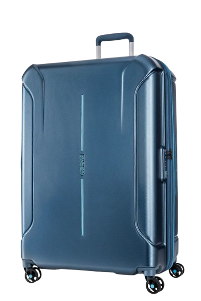 Front view of the American Tourister Technum Spinner xl in Metallic Blue, highlighting its modern industrial texture and bold, boxy hardshell design. Shop the Latest Online