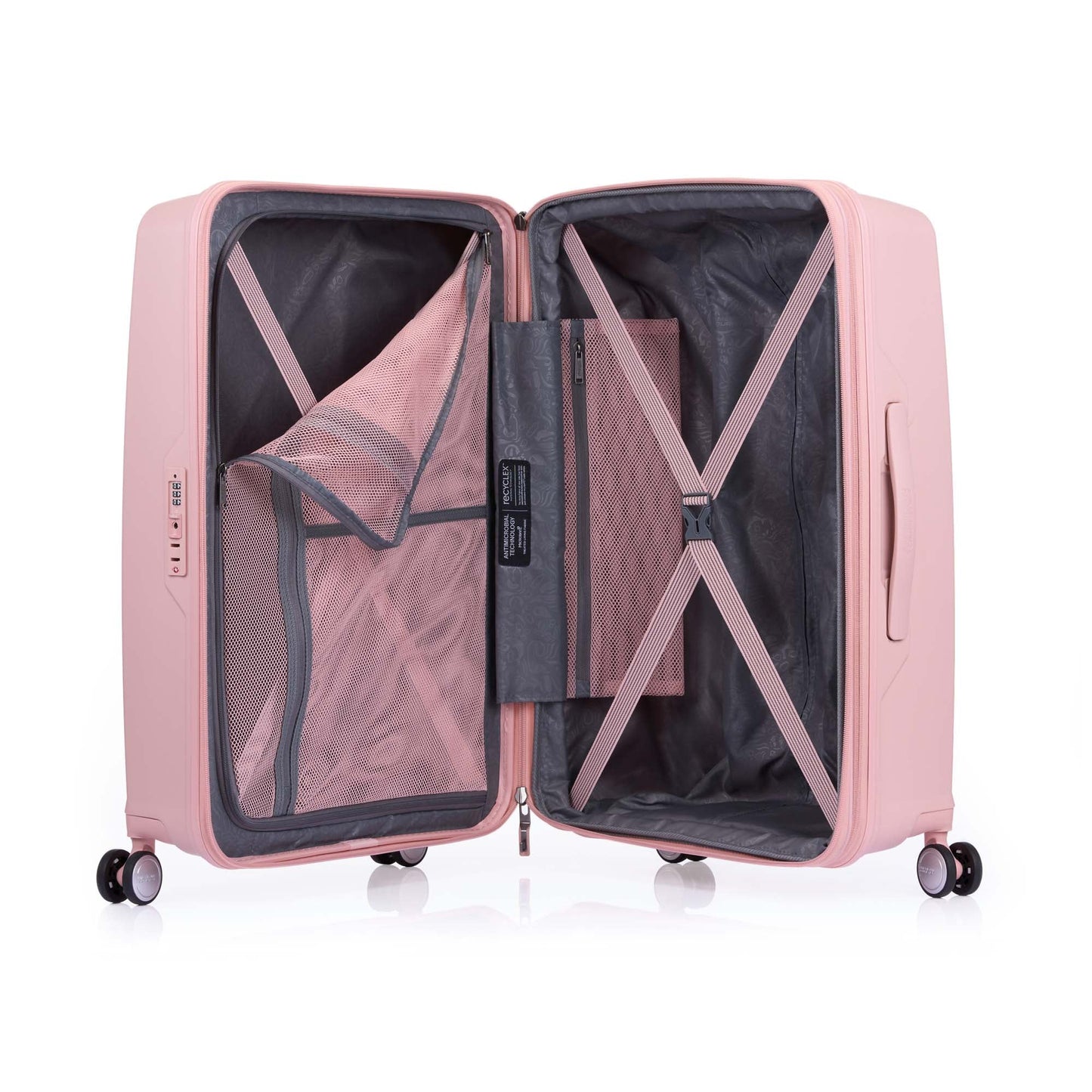 Inside view of the American Tourister Argyle hard suitcase in Antique Pink, with geometric design, TSA lock, and spinner wheels Available Online