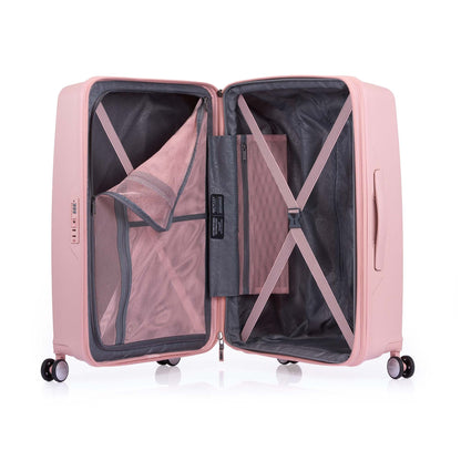 Inside view of the American Tourister Argyle hard suitcase in Antique Pink, with geometric design, TSA lock, and spinner wheels Available Online