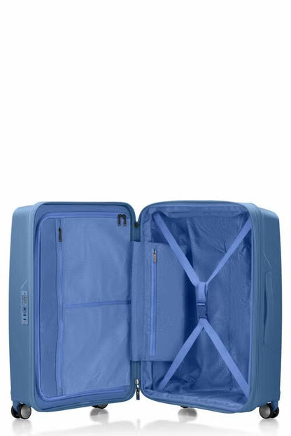 Inside view of the American Tourister Argyle hard suitcase in Blue Slate, with geometric design, TSA lock, and spinner wheels Available Online