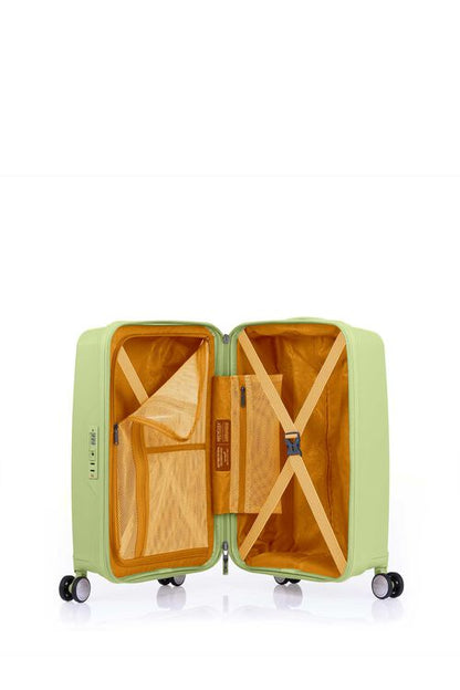 Inside view of the opened American Tourister Argyle cabin hard suitcase in Frozen Matcha, with geometric design, TSA lock, and spinner wheels Available Online
