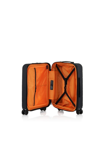 Inside view of the opened American Tourister Novastream Cabin hard suitcase Luggage in Dark Slate, with ribbed design, TSA lock, and spinner wheels. Order Online Today