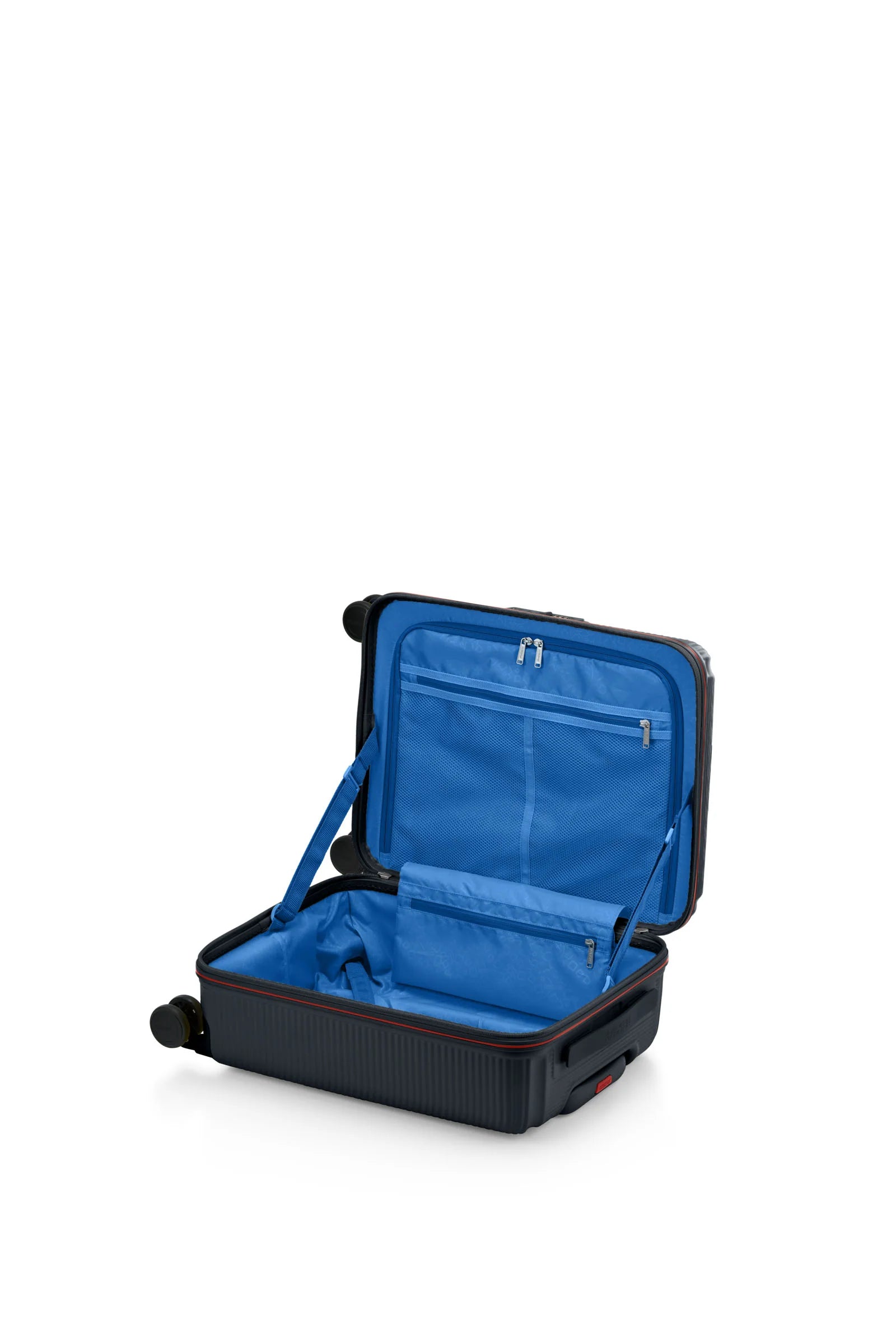 Inside view of the opened American Tourister Robotech spinner hard luggage in Black with Blue interior, showing the sleek textured hardshell and robust double wheels. Shop Online