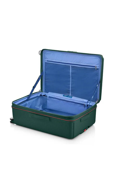 Inside view of the opened American Tourister Robotech spinner hard luggage in Dark Green with Blue interior, showing the sleek textured hardshell and robust double wheels. Shop Online