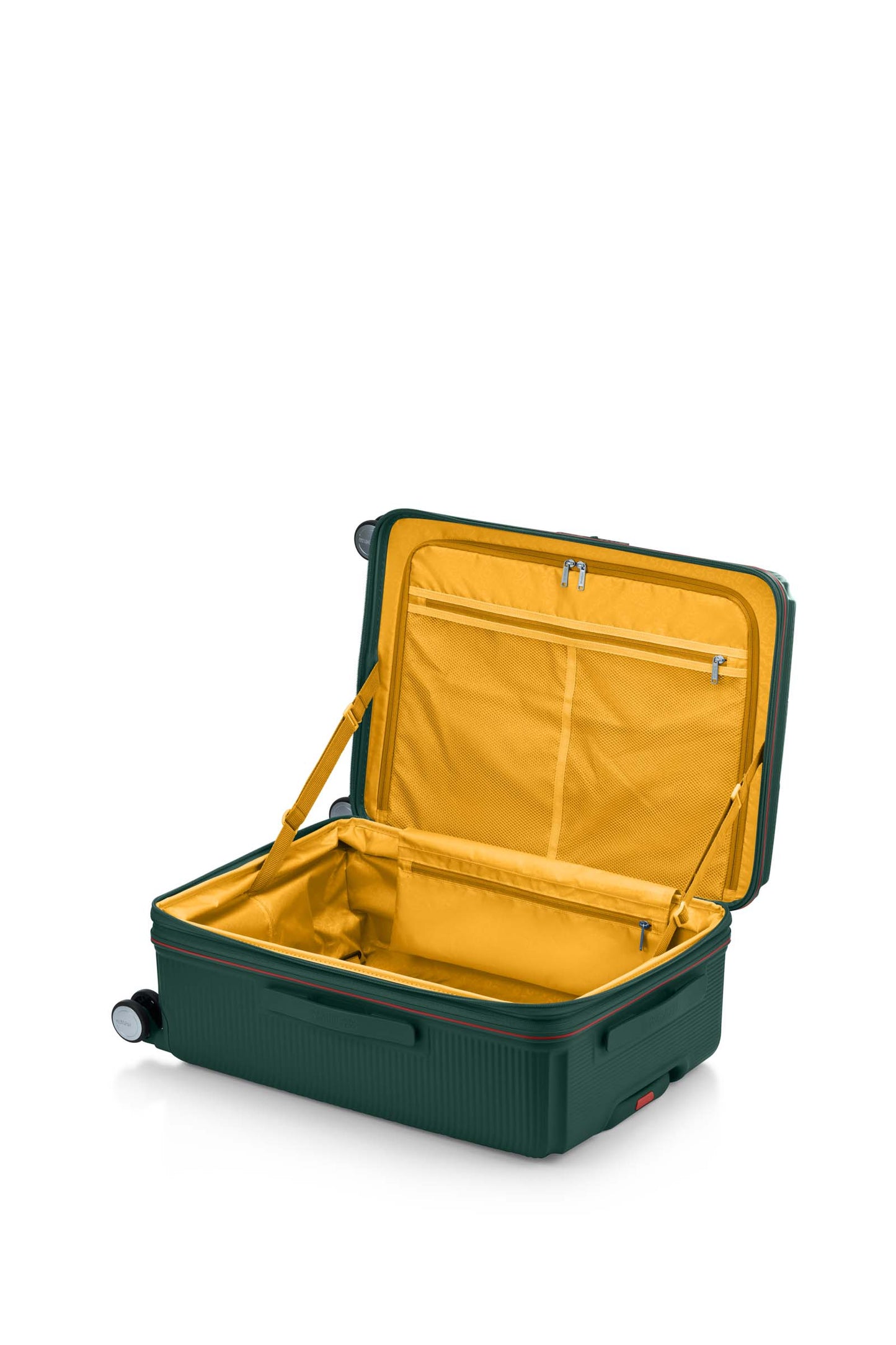 Inside view of the opened American Tourister Robotech spinner hard luggage in Dark Green with Yellow interior, showing the sleek textured hardshell and robust double wheels. Shop Online