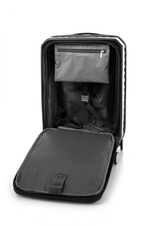Interior view of the front panel open on a Black Frontec, revealing the padded laptop sleeve and organized tech pockets. Available for Online Purchase