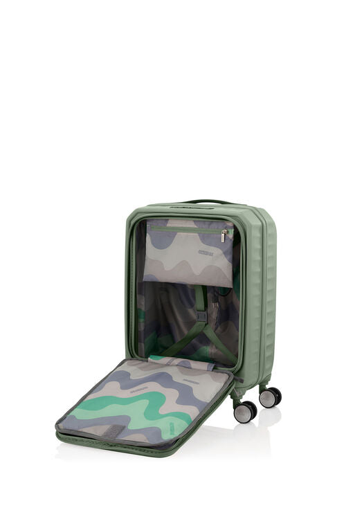 Interior view of the front panel open on a Forest Green Frontec, revealing the padded laptop sleeve and organized tech pockets. Available for Online Purchase