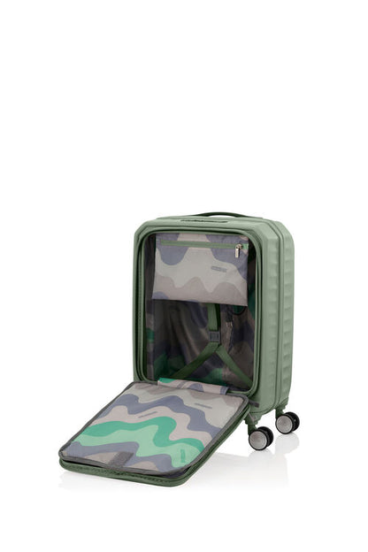 Interior view of the front panel open on a Forest Green Frontec, revealing the padded laptop sleeve and organized tech pockets. Available for Online Purchase