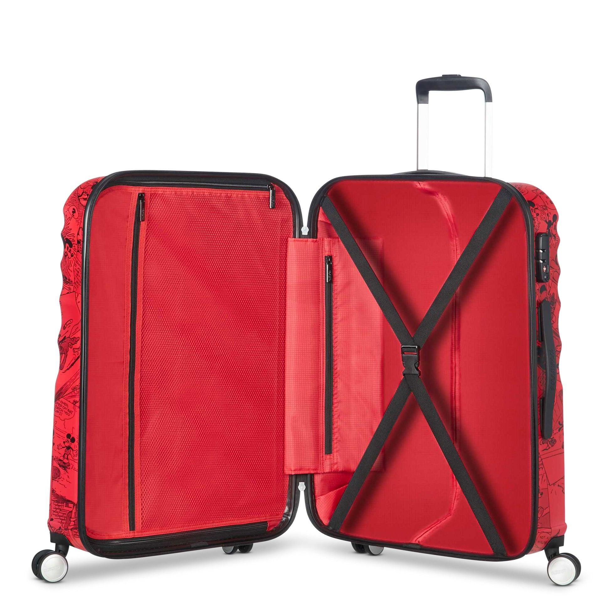 Open interior of the American Tourister Disney Wavebreaker Mickey Comics Red spinner, revealing the character-themed grey lining, red elastic cross-straps, and a zippered mesh divider. Available Online