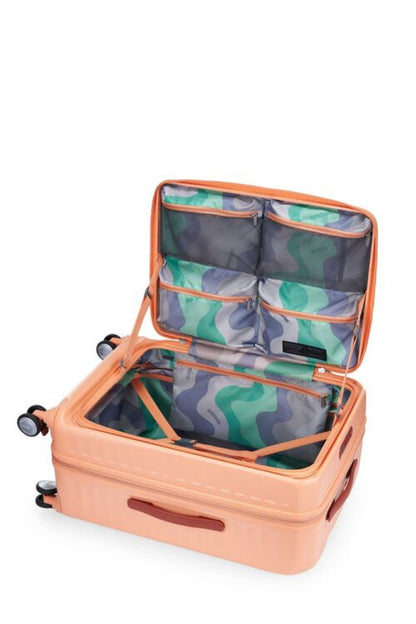 Open interior of the Apricot Blush Frontec spinner, highlighting the deep PlentiVol™ main compartment, wet pocket, and antimicrobial-treated lining. Available for Online Purchase