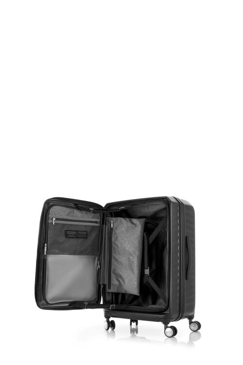Open interior of the Black Frontec spinner, highlighting the deep PlentiVol™ main compartment, wet pocket, and antimicrobial-treated lining. Available for Online Purchase