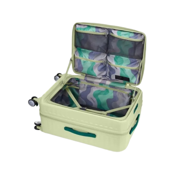 Open interior of the Frozen Matcha Frontec spinner, highlighting the deep PlentiVol™ main compartment, wet pocket, and antimicrobial-treated lining. Available for Online Purchase