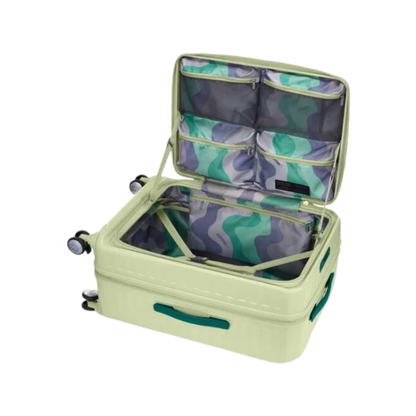 Open interior of the Frozen Matcha Frontec spinner, highlighting the deep PlentiVol™ main compartment, wet pocket, and antimicrobial-treated lining. Available for Online Purchase