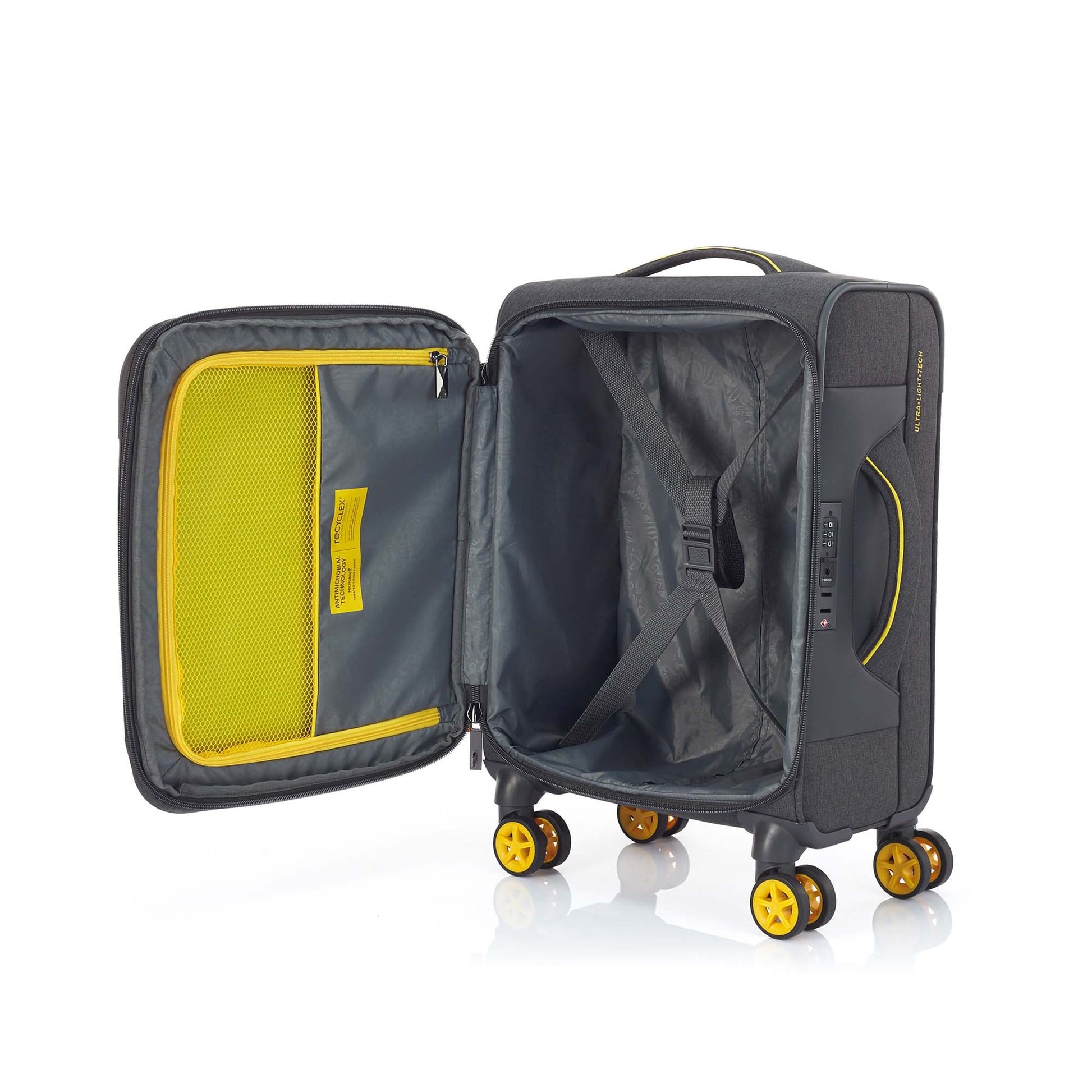Open interior vie view of the American Tourister Droyce soft-shell spinner in Grey, showcasing the grey & yellow rPET antimicrobial lining, cross-straps, and the multi-pocket organization system. Shop Now Online