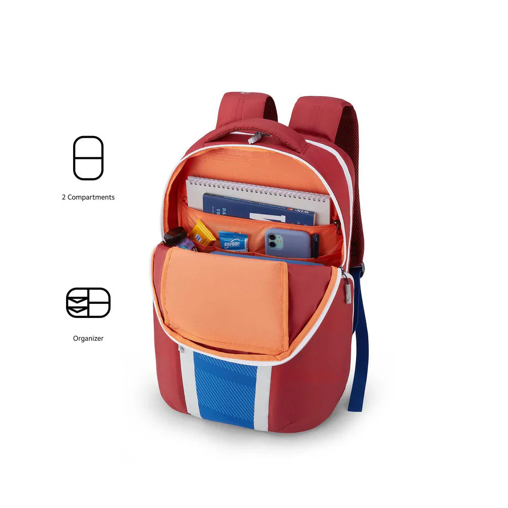 Opened view of the Herd 2.0 Backpack in Red/Blue. Shop Now Online 