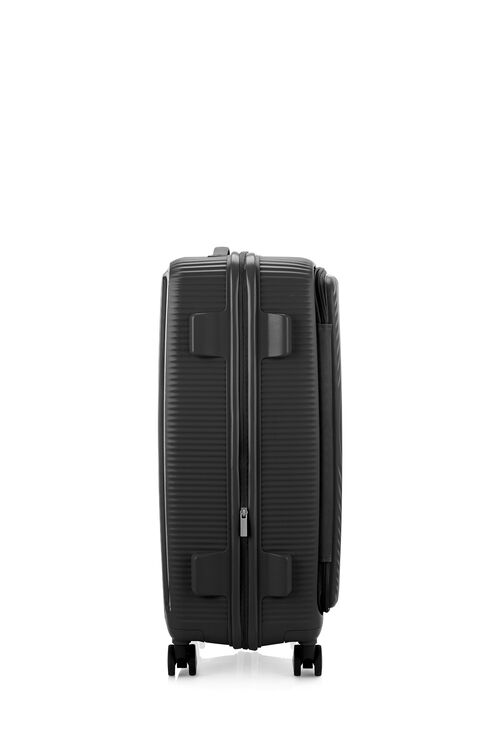 Other Side view of the American Tourister Curio Book Opening hard luggage spinner in Black, showcasing the zippers and the durable polypropylene shell. Find Now Online