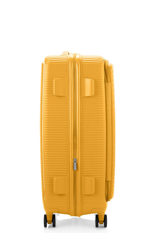 Other Side view of the American Tourister Curio Book Opening hard luggage spinner in Yellow, showcasing the zippers and the durable polypropylene shell. Find Now Online