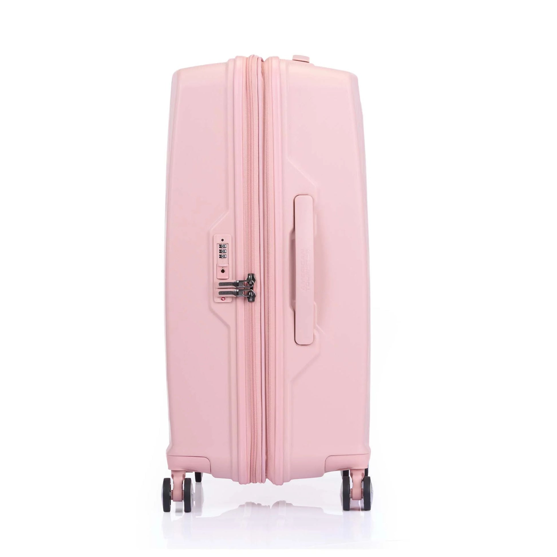 Other side view of the American Tourister Argyle hard suitcase in Antique Pink, with geometric design, TSA lock, and spinner wheels Available Online