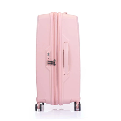 Other side view of the American Tourister Argyle hard suitcase in Antique Pink, with geometric design, TSA lock, and spinner wheels Available Online