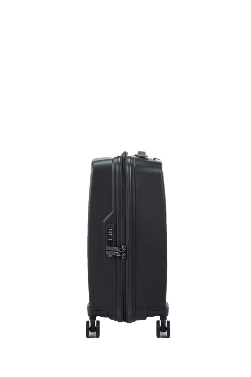 Other side view of the American Tourister Argyle hard suitcase in Black, with geometric design, TSA lock, and spinner wheels Available Online