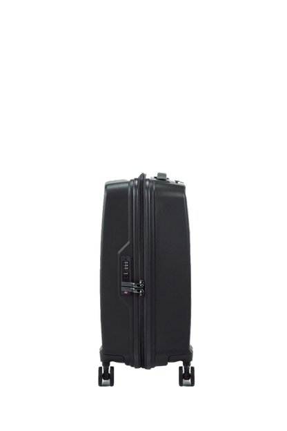 Other side view of the American Tourister Argyle hard suitcase in Black, with geometric design, TSA lock, and spinner wheels Available Online