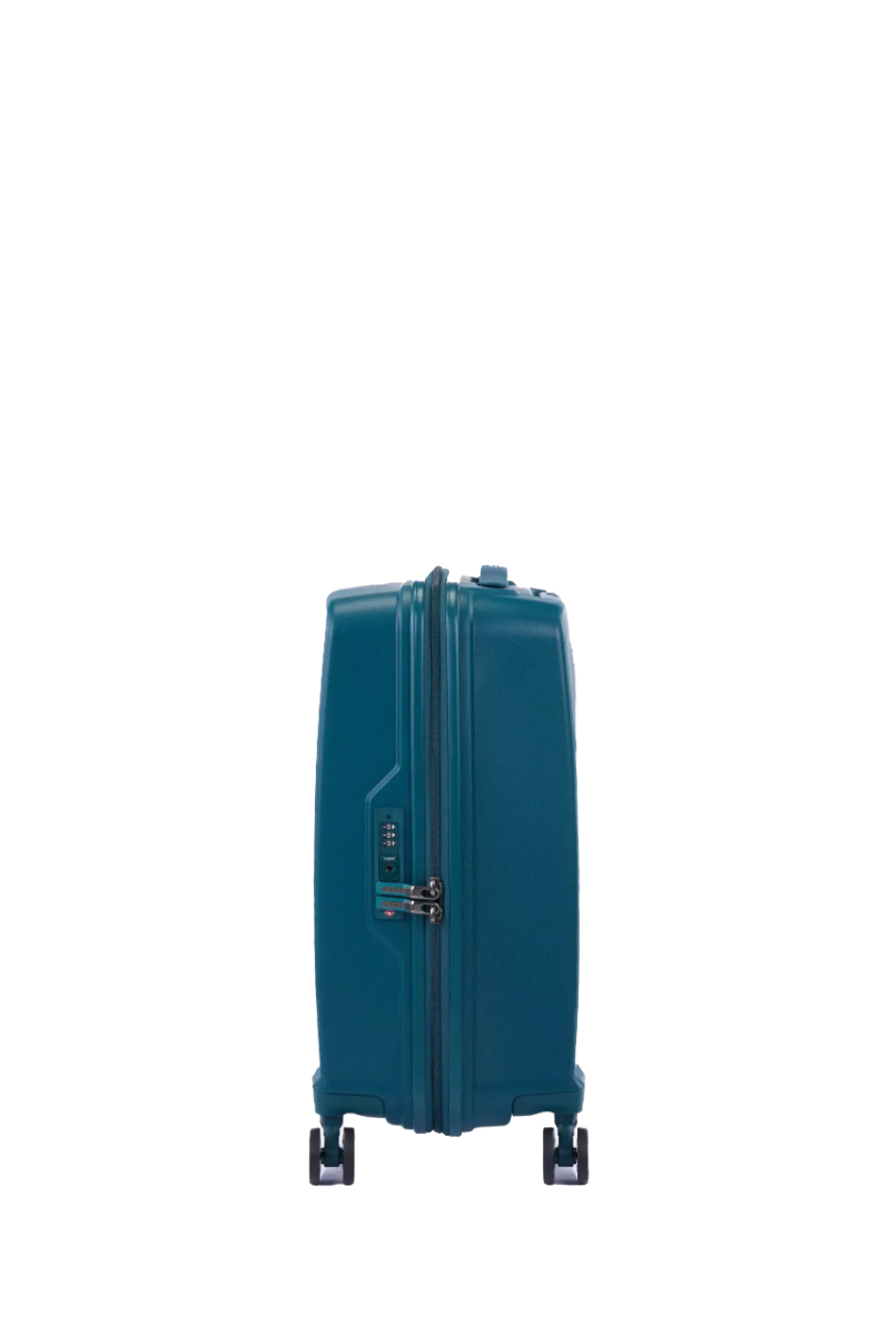 Other side view of the American Tourister Argyle hard suitcase in Deep Teal, with geometric design, TSA lock, and spinner wheels Available Online