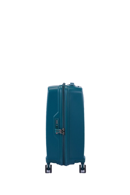 Other side view of the American Tourister Argyle hard suitcase in Deep Teal, with geometric design, TSA lock, and spinner wheels Available Online