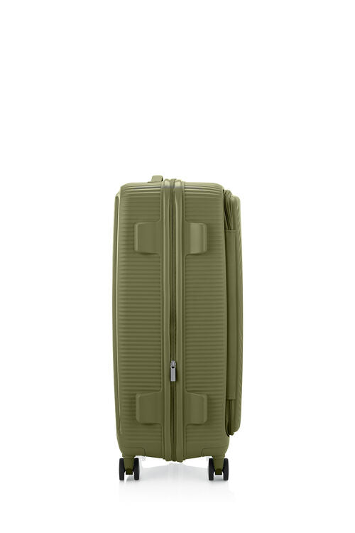 Other side view of the American Tourister Curio Book Opening hard luggage spinner in Bo Khaki, showcasing the zippers and the durable polypropylene shell. Find Now Online