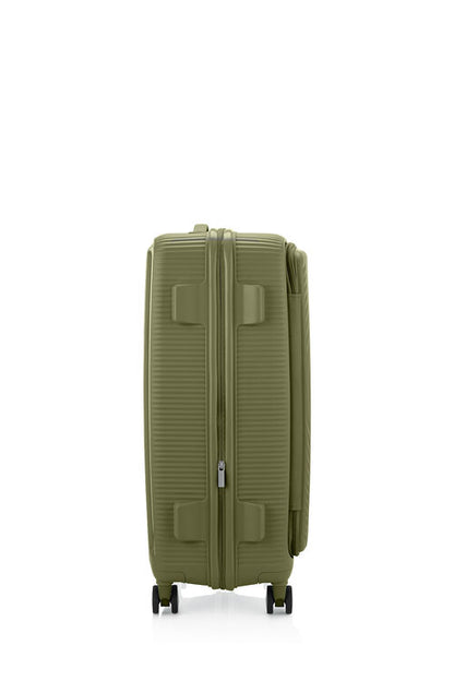 Other side view of the American Tourister Curio Book Opening hard luggage spinner in Bo Khaki, showcasing the zippers and the durable polypropylene shell. Find Now Online