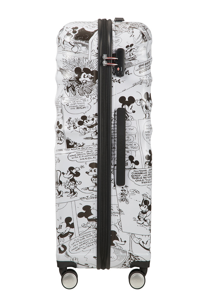 Other side view of the American Tourister Disney Wavebreaker spinner luggage, showing the zippers. Available Online