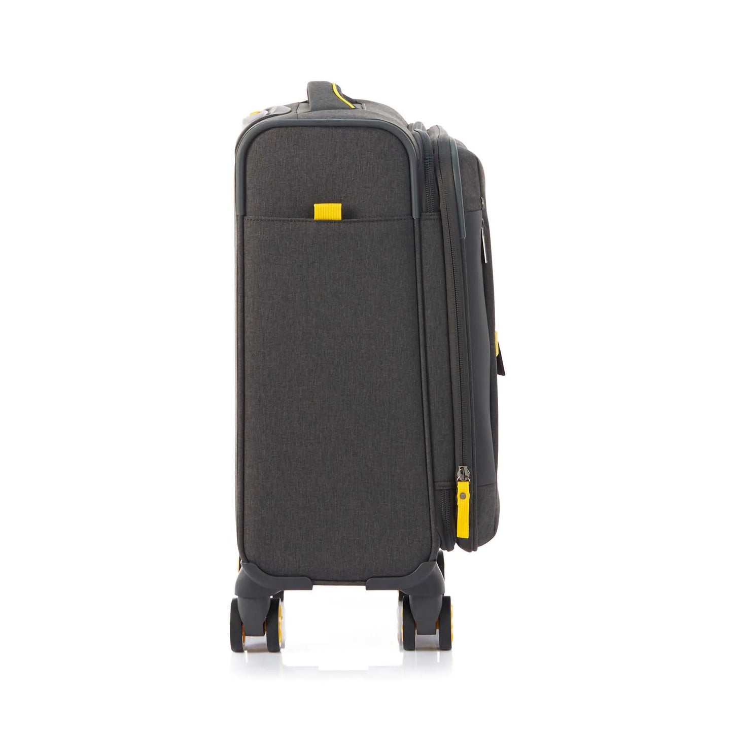 Other side view of the American Tourister Droyce soft-shell spinner in Grey, featuring a modern dip-dye color gradient, yellow accents, and a distinctive metal logo. Shop Now Online