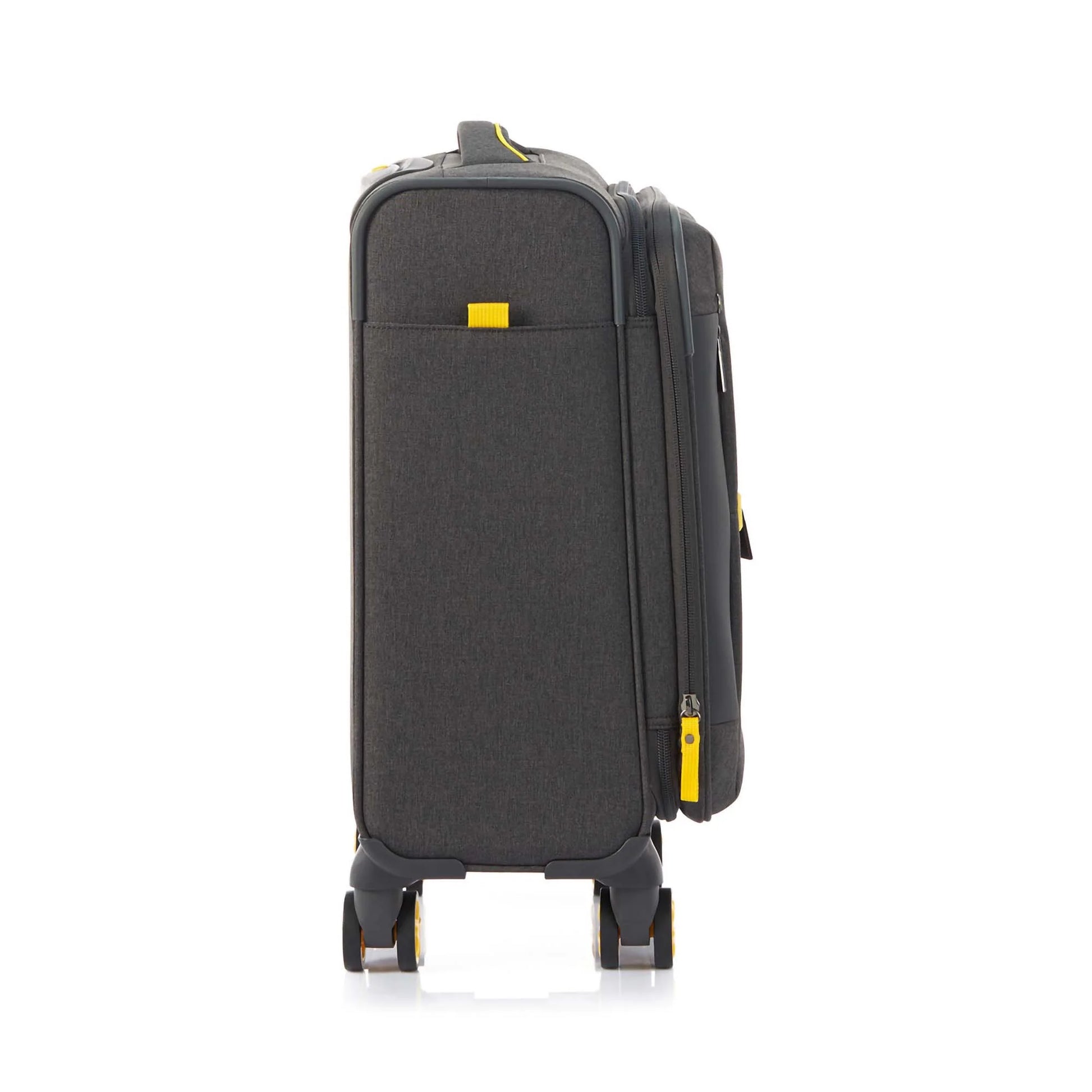 Other side view of the American Tourister Droyce soft-shell spinner in Grey, featuring a modern dip-dye color gradient, yellow accents, and a distinctive metal logo. Shop Now Online