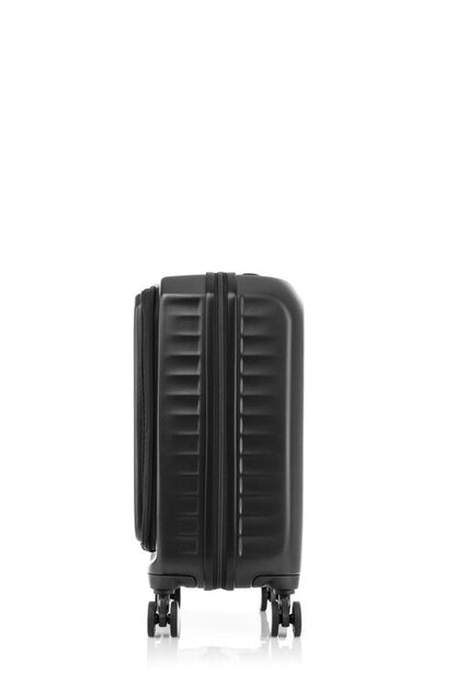 Other side view of the American Tourister Frontec Spinner cabin in Black, showcasing its unique vertical front-access door and clean, contemporary lines. Available for Online Purchase