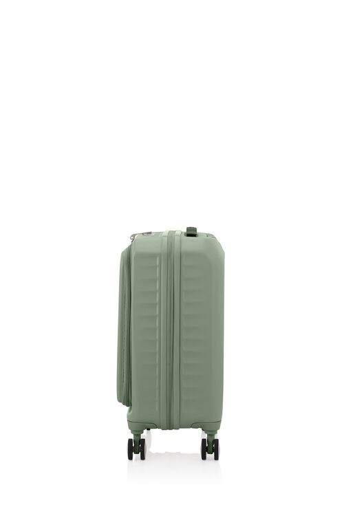 Other side view of the American Tourister Frontec Spinner cabin in Forest Green, showcasing its unique vertical front-access door and clean, contemporary lines. Available for Online Purchase