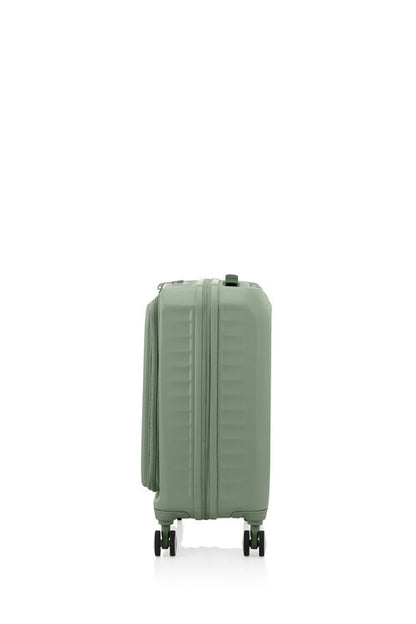 Other side view of the American Tourister Frontec Spinner cabin in Forest Green, showcasing its unique vertical front-access door and clean, contemporary lines. Available for Online Purchase