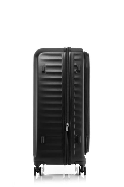 Other side view of the American Tourister Frontec Spinner large in Black, showcasing its unique vertical front-access door and clean, contemporary lines. Available for Online Purchase
