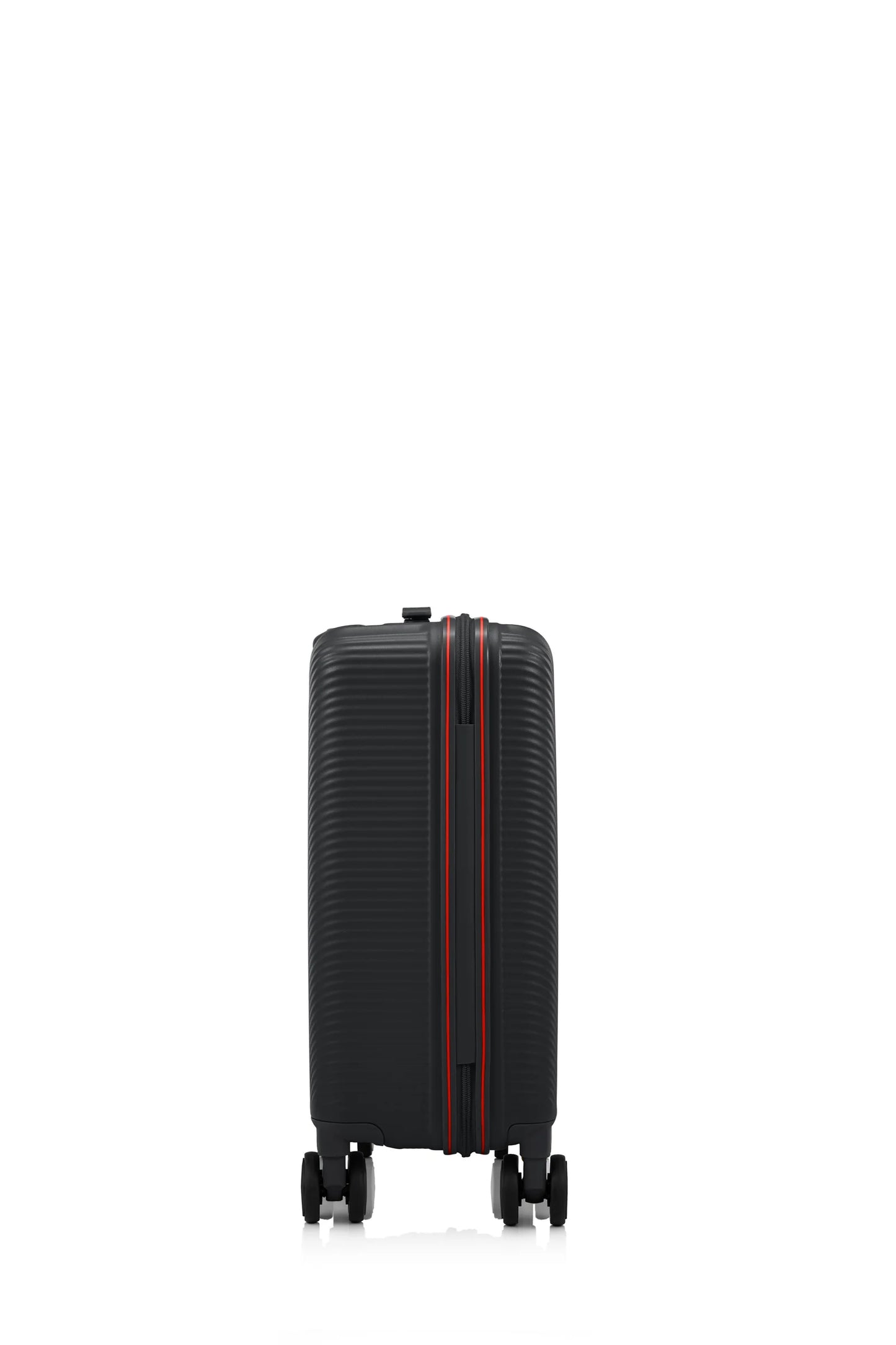 Other side view of the American Tourister Robotech spinner hard luggage in Black, showing the sleek textured hardshell and robust double wheels. Shop Online